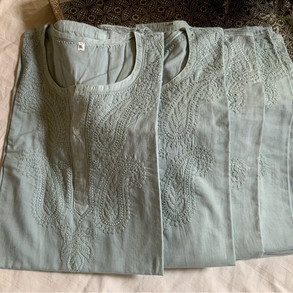 Tunic Woman’s Long Sleeve Hand Embroidered 100% Cotton Paisley Design Green blue - Picture 6 of 7